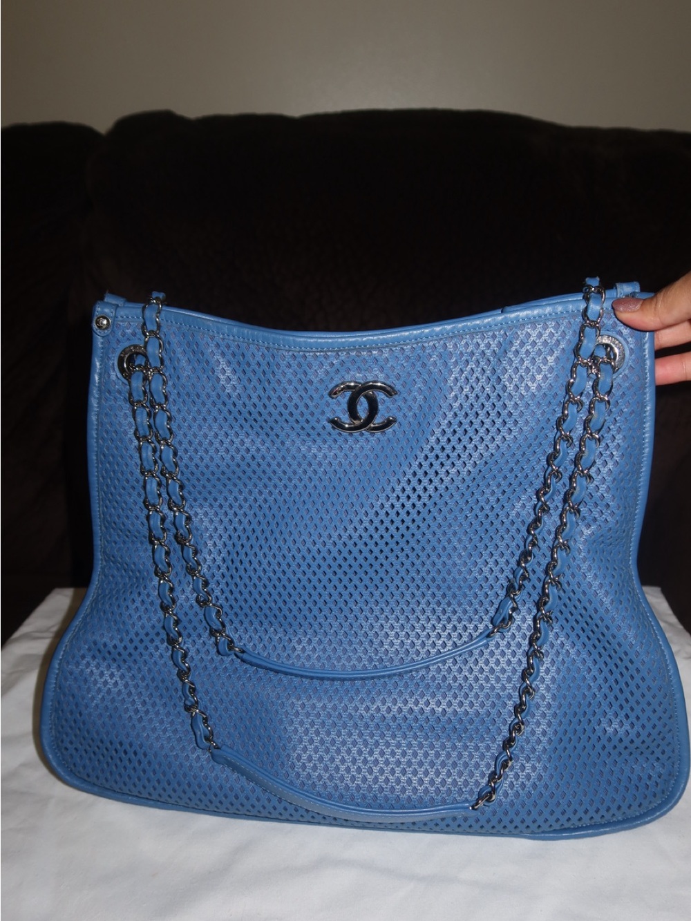 CHANEL Blue Perforated Leather Chain-Handle Shoulder Bag